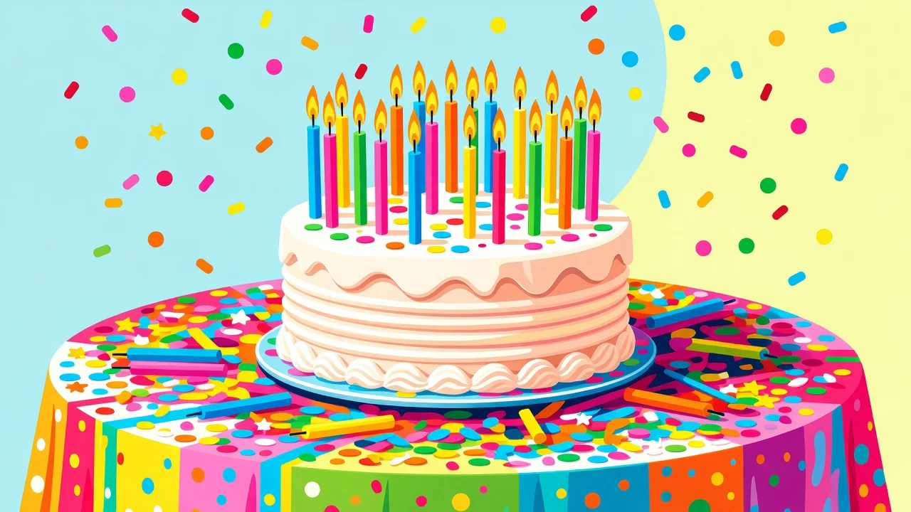 Bolo de aniversário colorido com velas acesas e confetes sobre a mesa