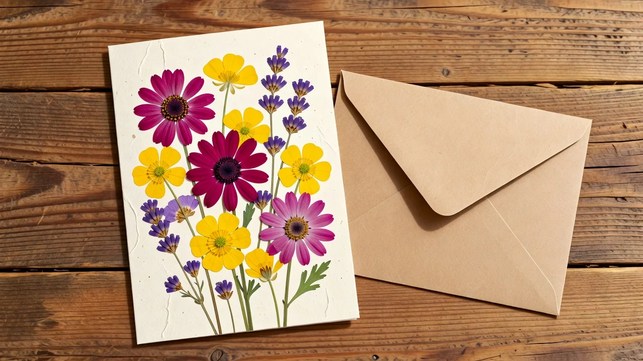 Cartão de aniversário artesanal com flores secas e envelope kraft sobre mesa de madeira