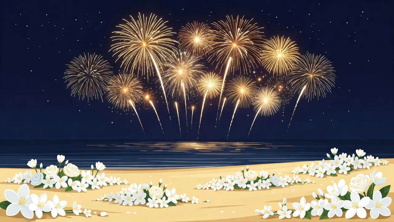 Fogos de artifício dourados sobre a praia à meia-noite com flores brancas na areia