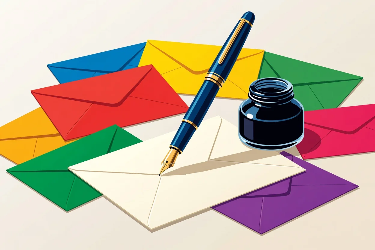 Mãos escrevendo um cartão com caneta tinteiro ao lado de envelopes coloridos