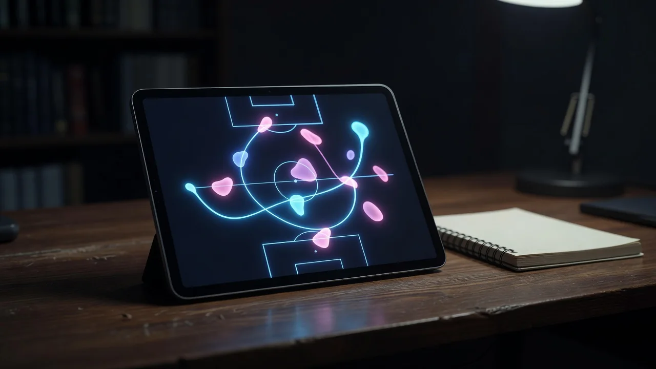 Tablet com diagrama tático de campo ao lado de caderno de anotações