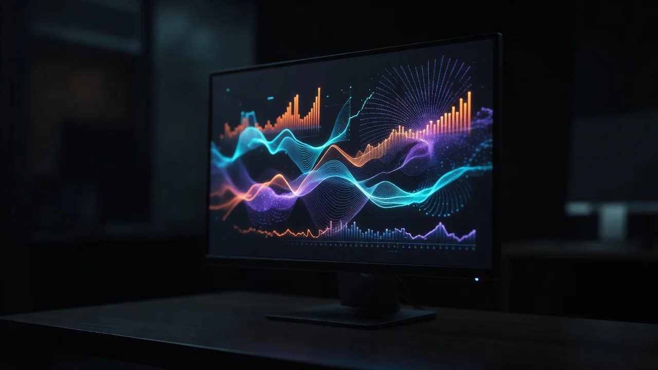 Monitor exibindo gráficos abstratos de estatísticas de partida em sala escura