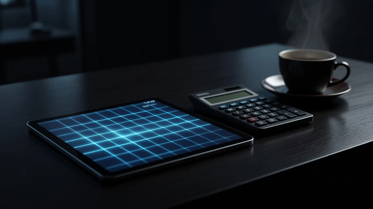 Planilha de controle de banca em tablet ao lado de calculadora e café