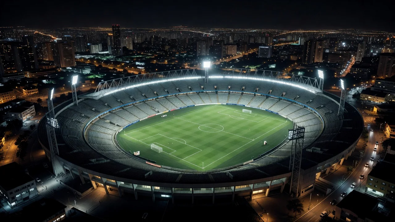 Estádio brasileiro iluminado visto do alto à noite com gramado verde