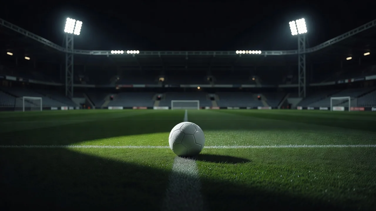 Bola de futebol na marca do pênalti sob refletores à noite