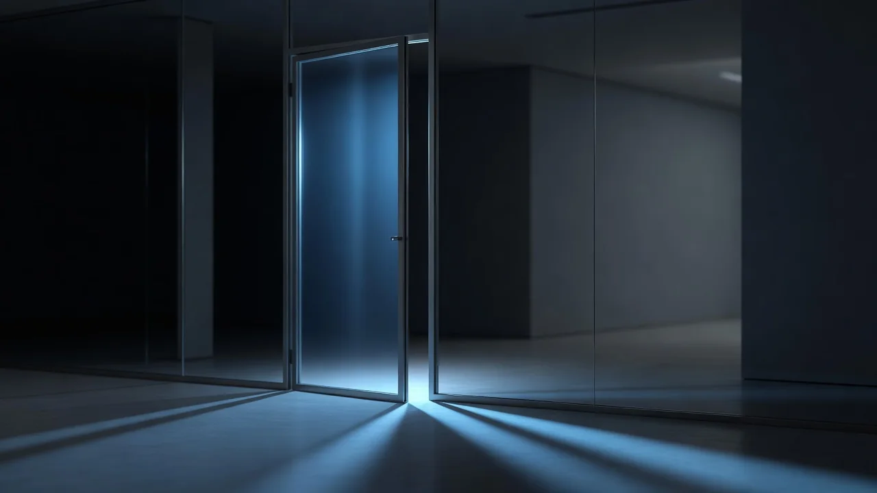 Porta de vidro de escritório moderno se abrindo com luz azul ao fundo