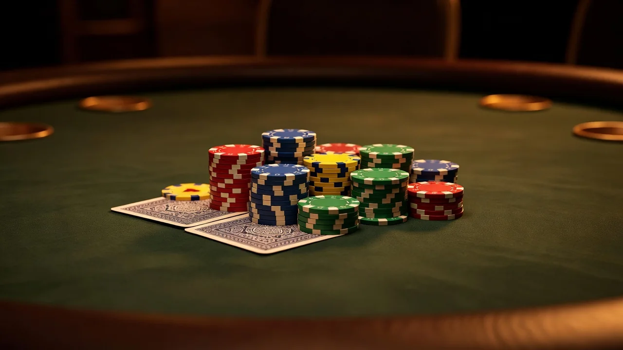 Mesa de cassino com fichas coloridas e cartas sob luz âmbar