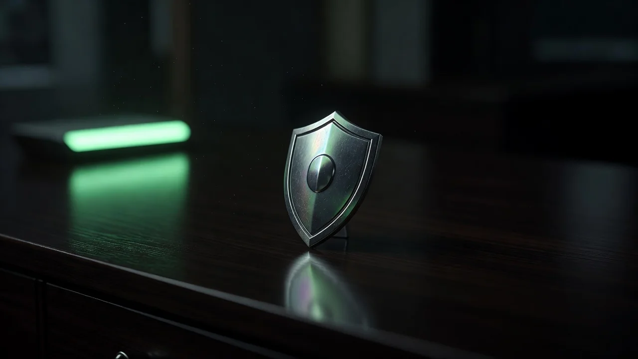 Escudo metálico com reflexo verde sobre mesa escura