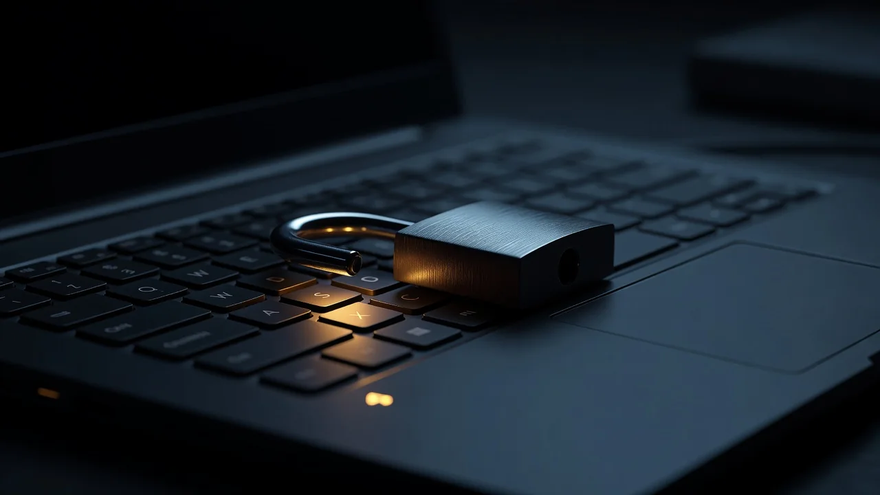 Cadeado aberto sobre teclado com luz de alerta âmbar
