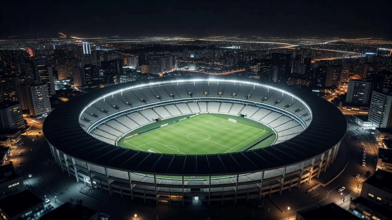 Vista aérea de estádio brasileiro iluminado à noite