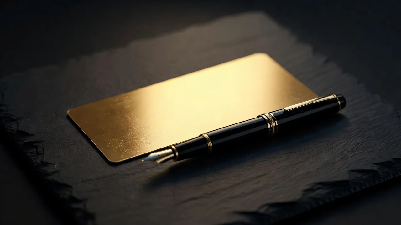 Bilhete dourado e caneta sobre superfície escura