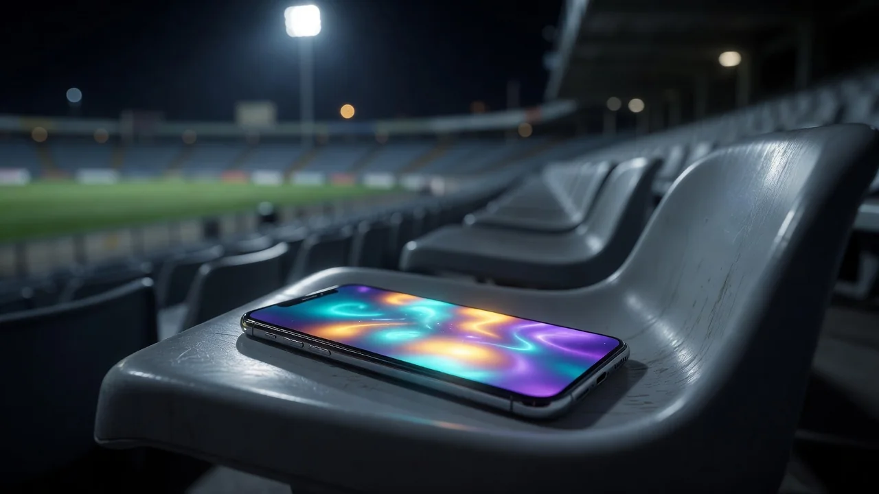 Smartphone sobre assento de estádio com tela em brilho abstrato