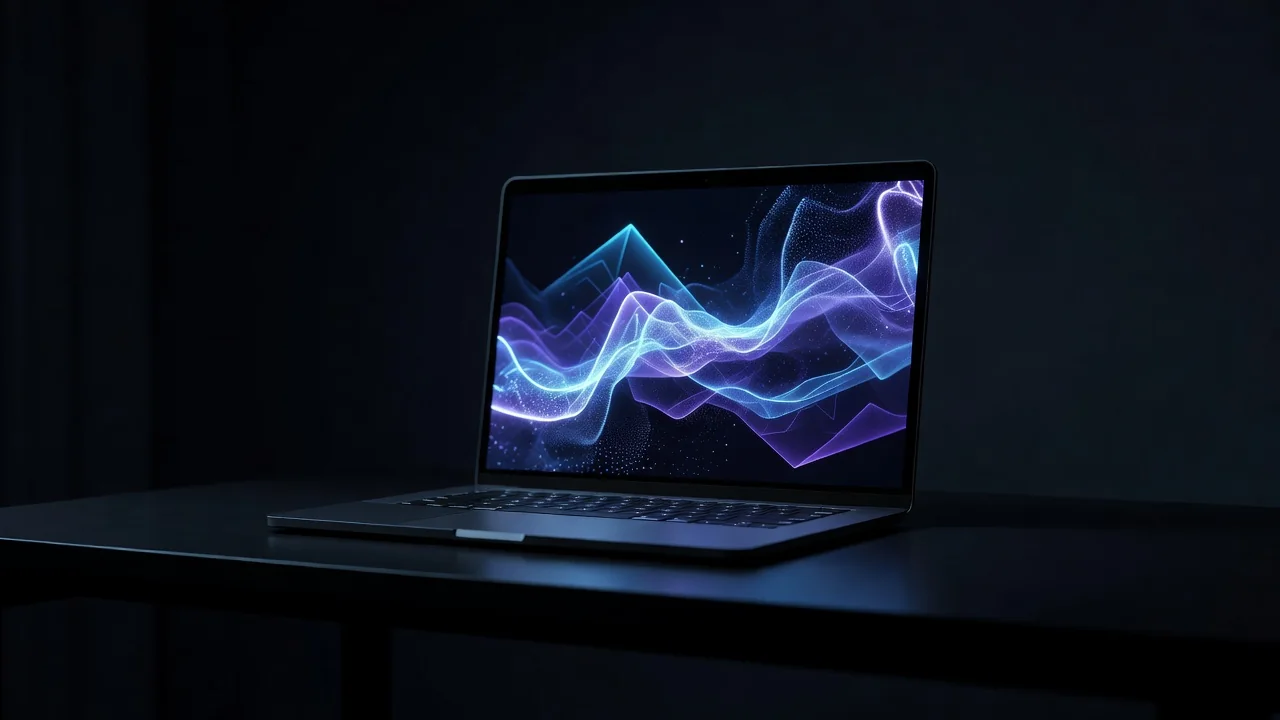Notebook com gráficos abstratos de partida ao vivo em quarto escuro