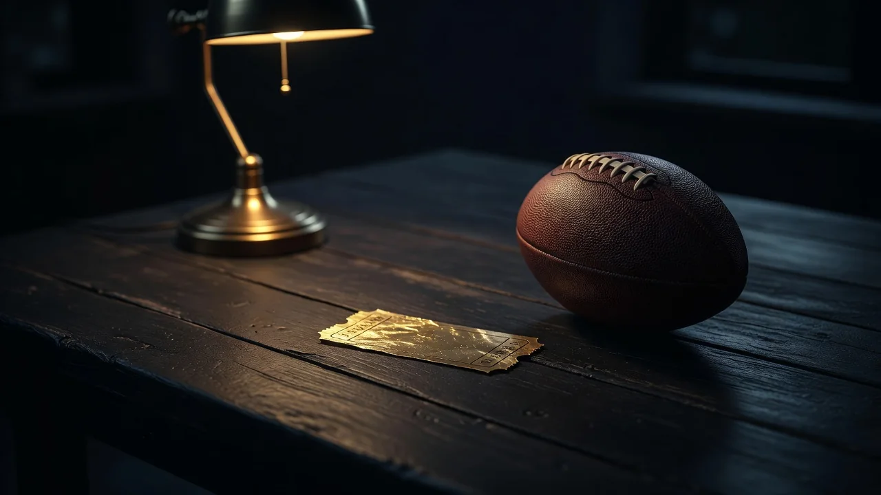 Bilhete dourado e bola de futebol sobre mesa de madeira escura