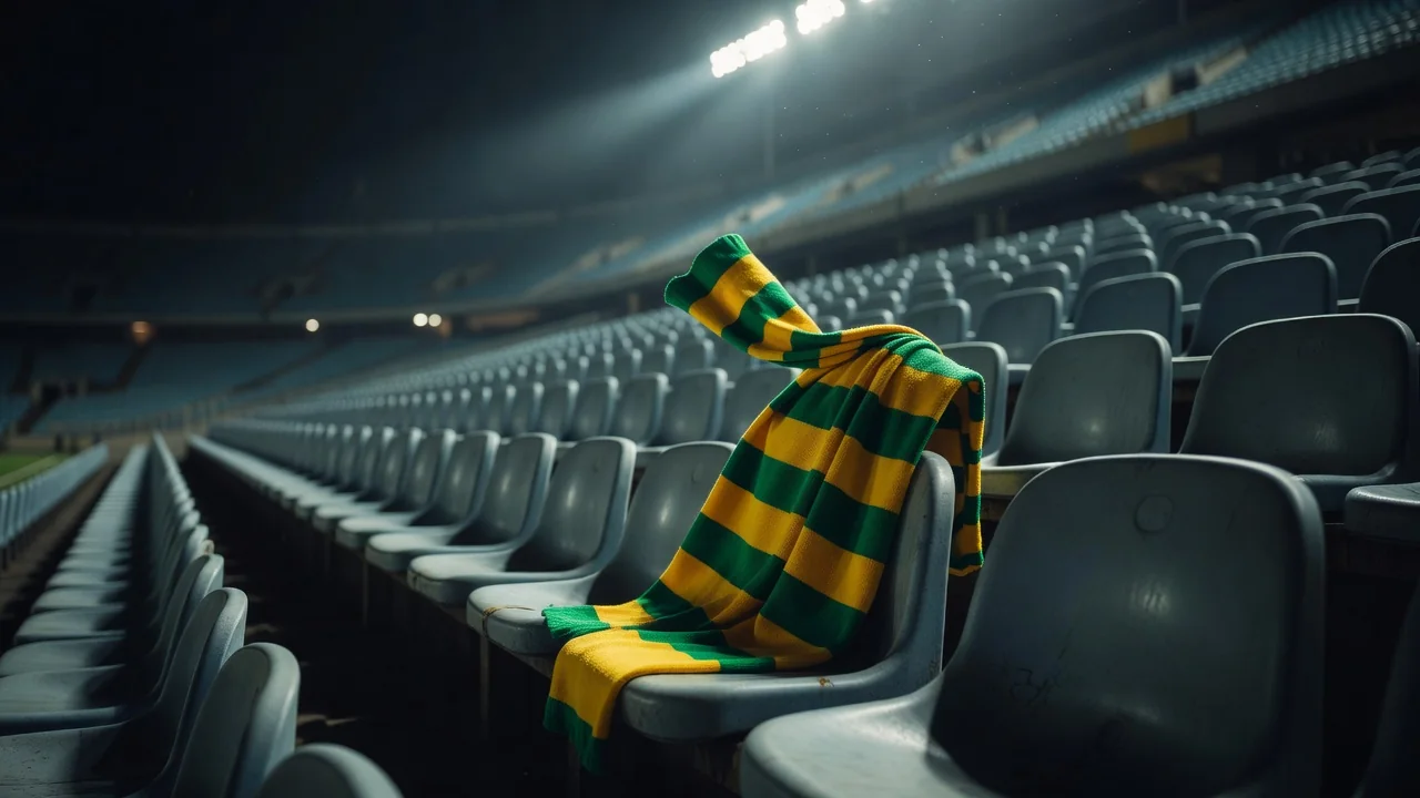 Cachecol amarelo e verde sobre assentos vazios de estádio à noite