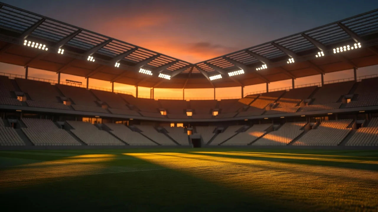 Luz laranja do pôr do sol sobre teto de estádio moderno vazio