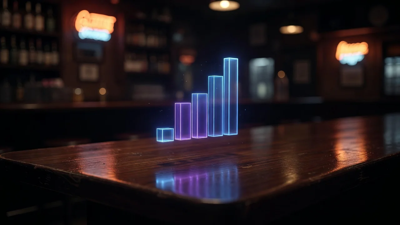 Gráfico de barras em holograma sobre mesa de bar escura