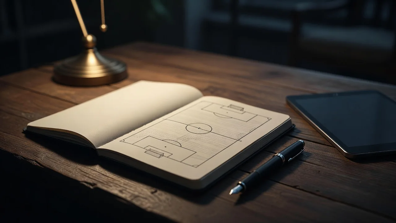 Caderno com diagrama de campo e caneta ao lado de tablet em mesa escura
