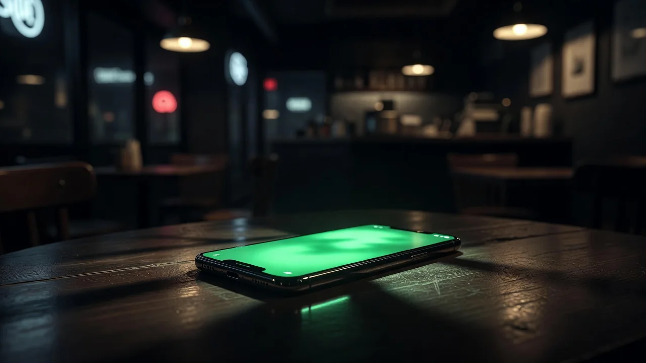 Celular com brilho verde de confirmação de pagamento em mesa à noite