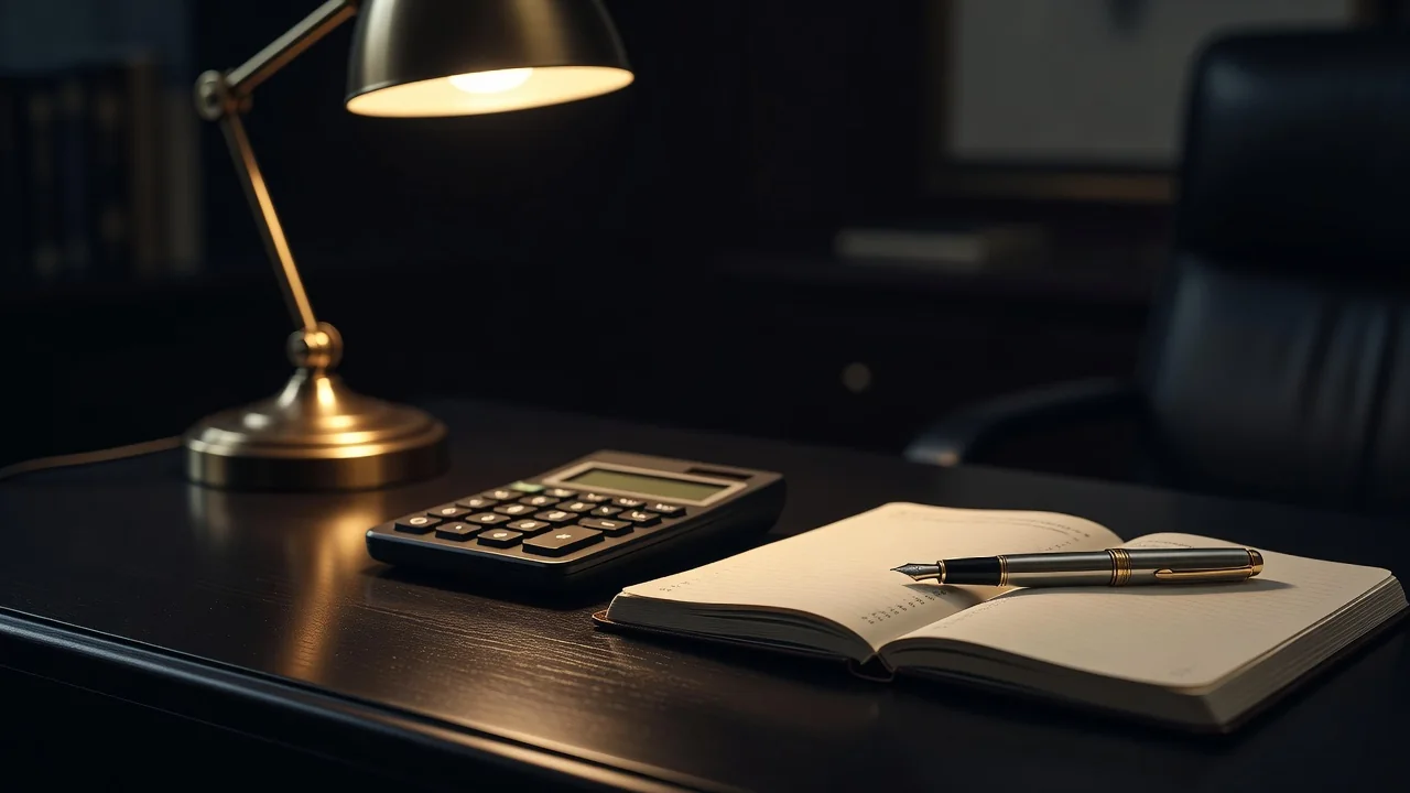 Calculadora, caderno e caneta sobre mesa escura sob luminária