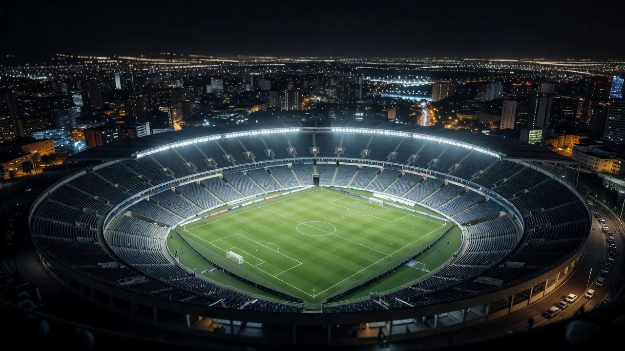 Estádio brasileiro lotado de luzes visto do alto à noite com gramado verde