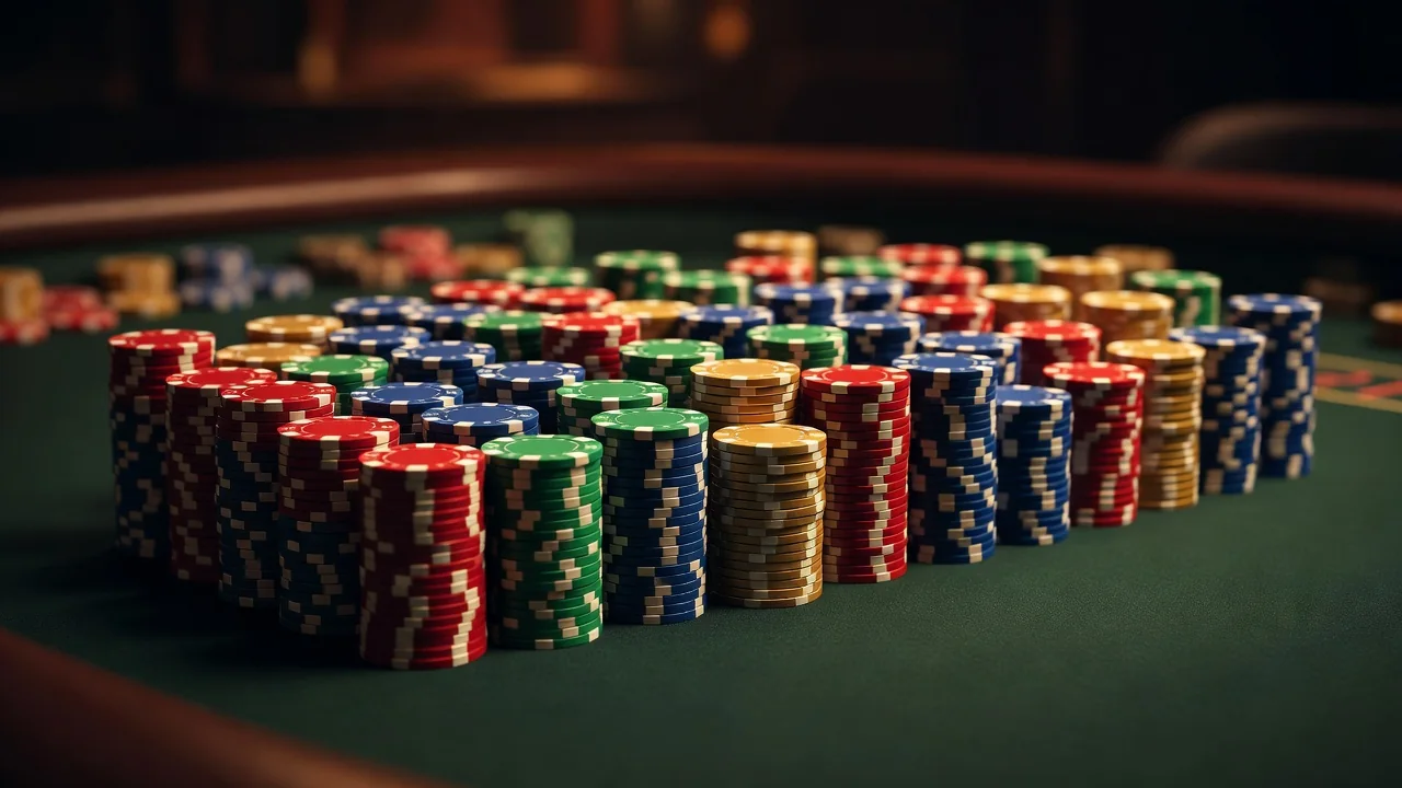 Fichas de cassino coloridas empilhadas sobre mesa de feltro verde escuro