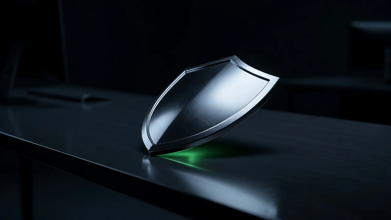 Escudo metálico sobre mesa escura com reflexo verde de verificação