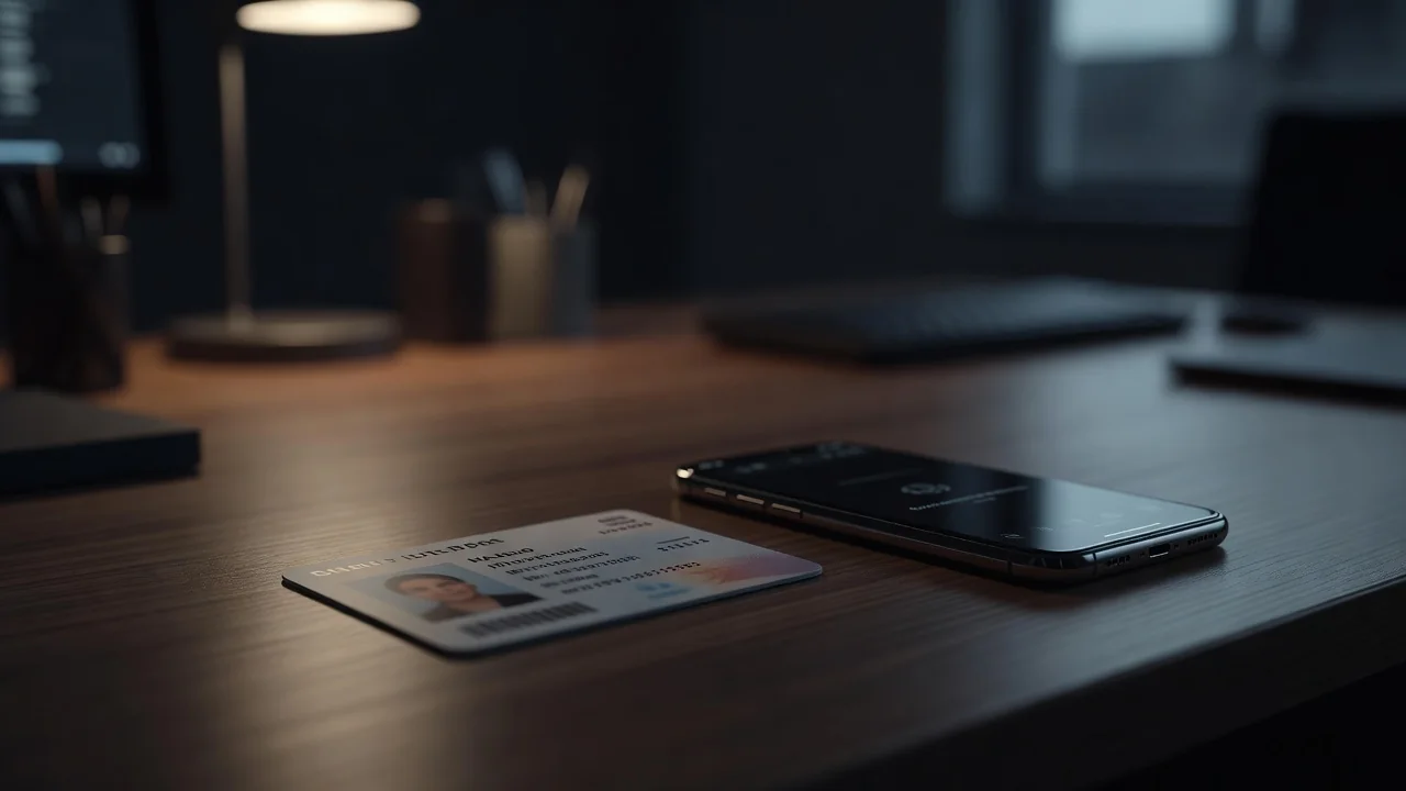 Documento de identidade e celular sobre mesa de escritório