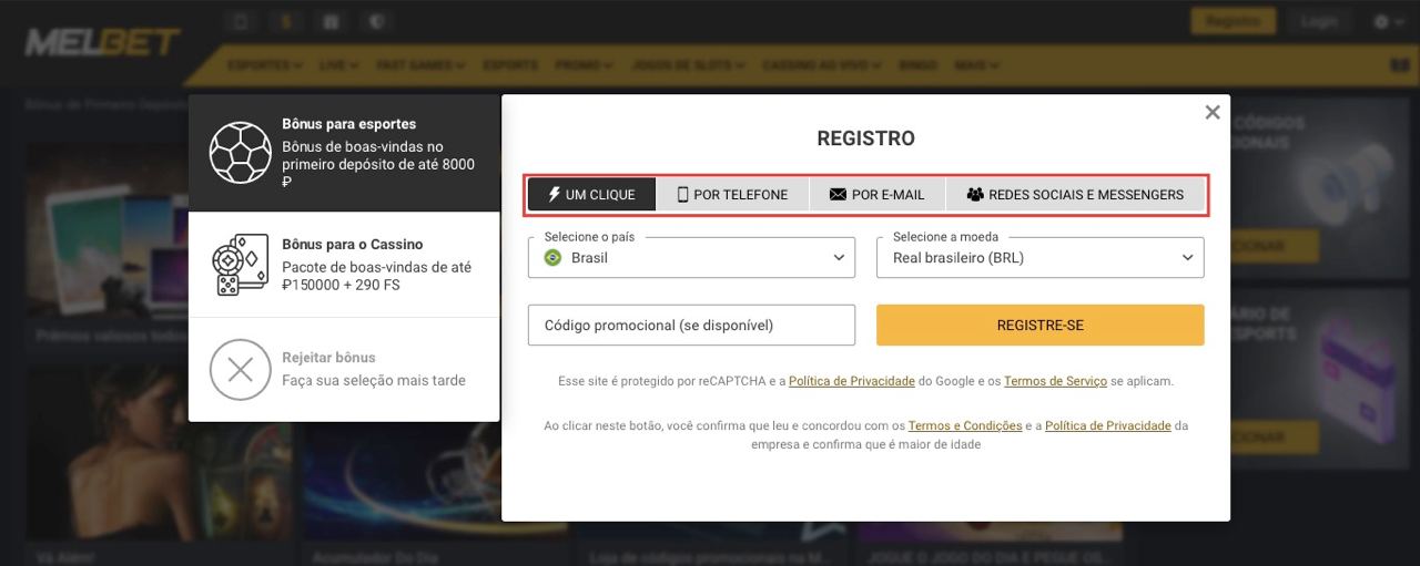 Tipos de registo de utilizadores no MelBet