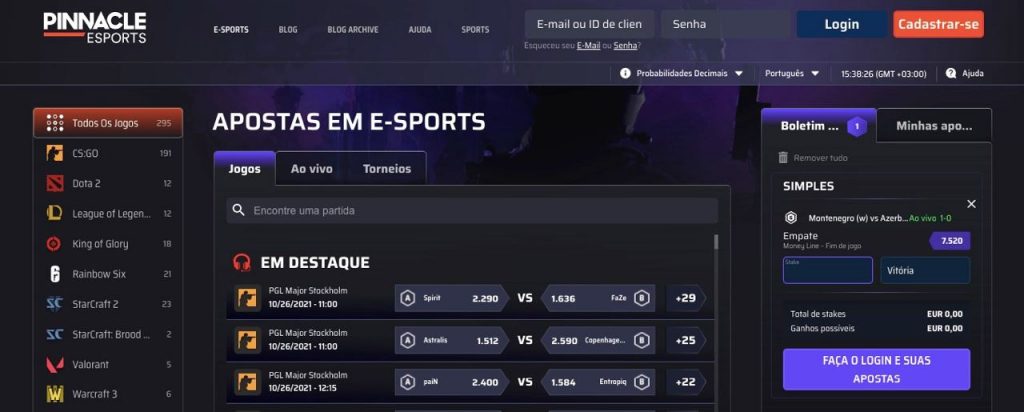 Página inicial da Pinnacle eSports