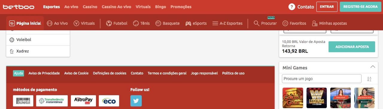 Depósitos no site da BetBoo